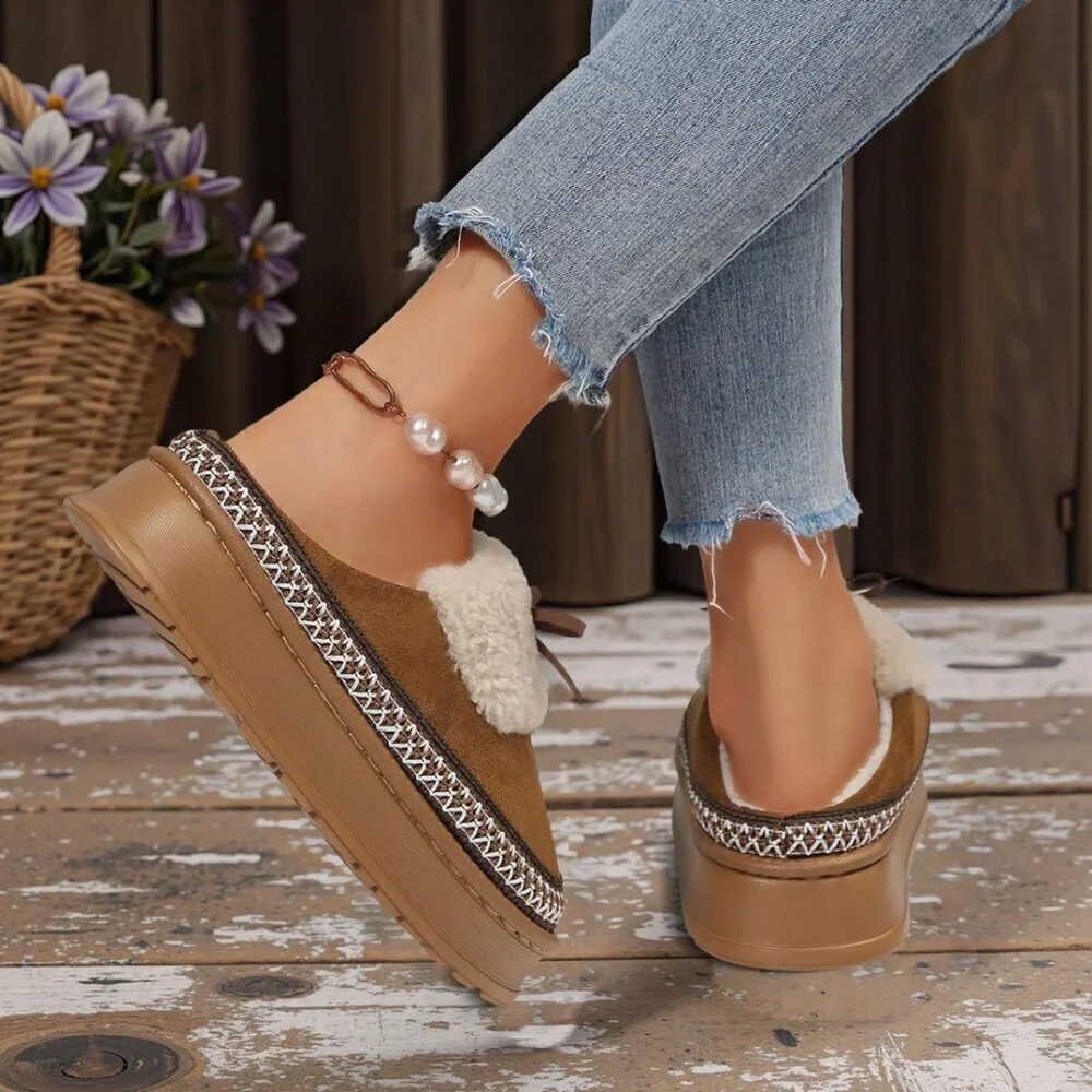 Camel Casual Women's Thick Flat Suede Shearling Slippers